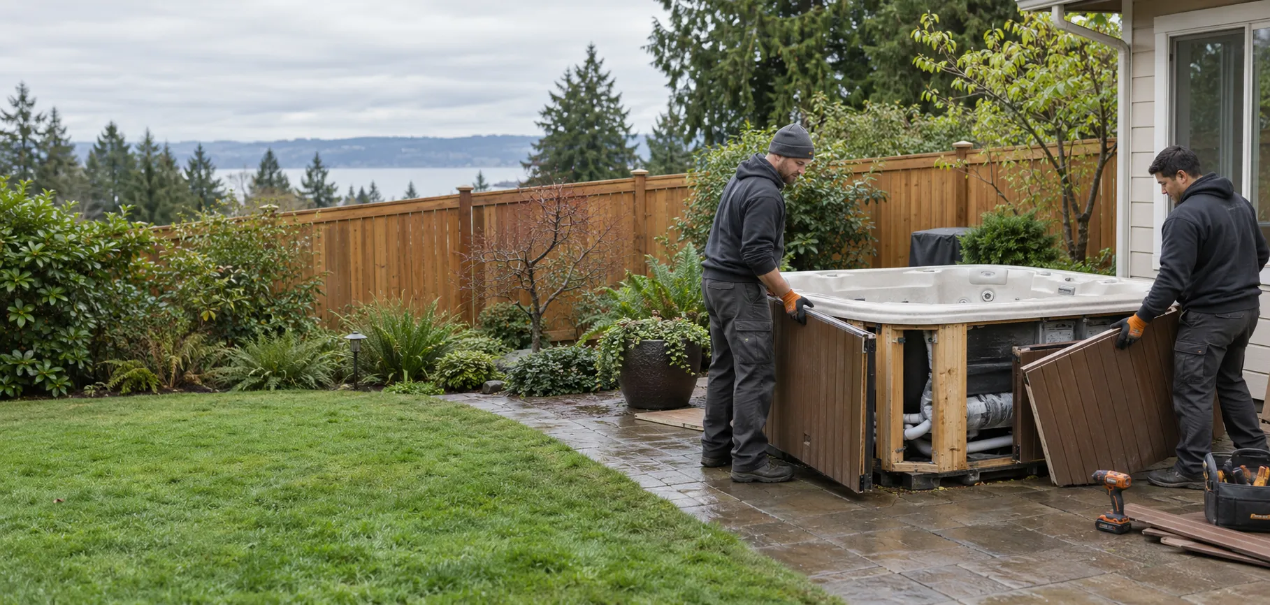 Workers removing exterior panels from a drained backyard hot tub